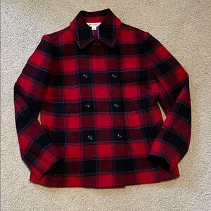 Brooks Brothers Wool Red and Black Plaid Double Breasted Pea Coat Women’s 8 Twee